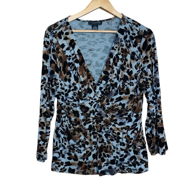 •CABLE & GAUGE•LEOPARD PRINT V NECK GATHER FRONT 3/4 SLEEVE BLOUSE SIZE XL EUC - Picture 1 of 7